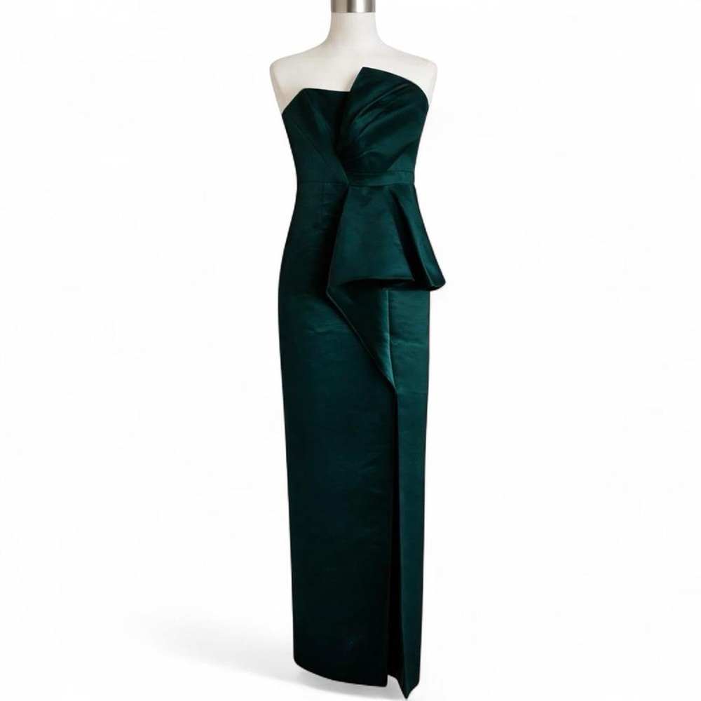 Aidan Maddox elegant emerald green strapless maxi dress